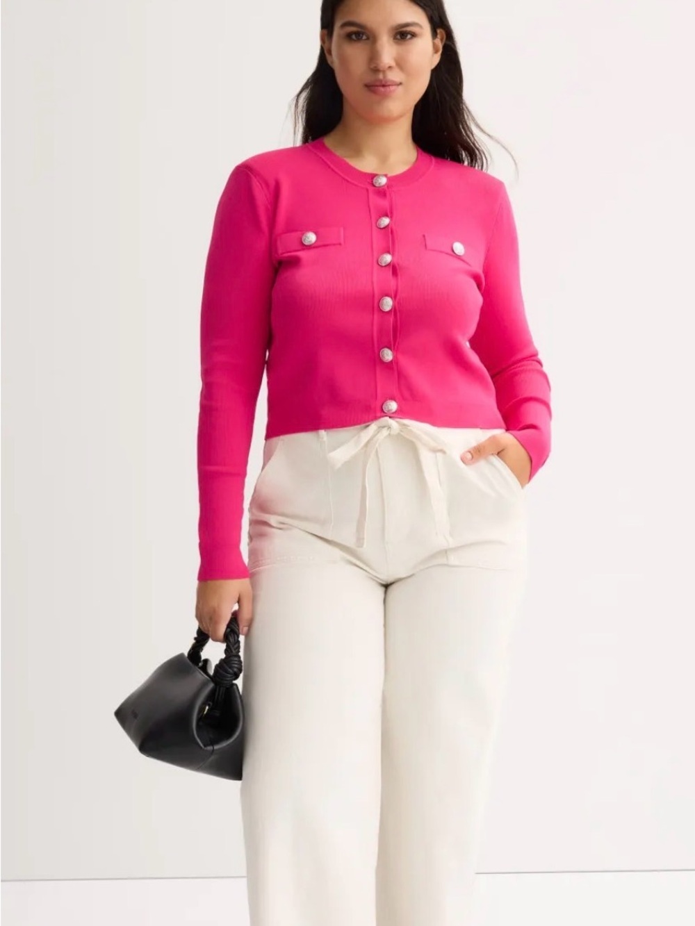L'AGENCE Hot Pink Toulouse Nickel Button Ribbed Cardigan D16